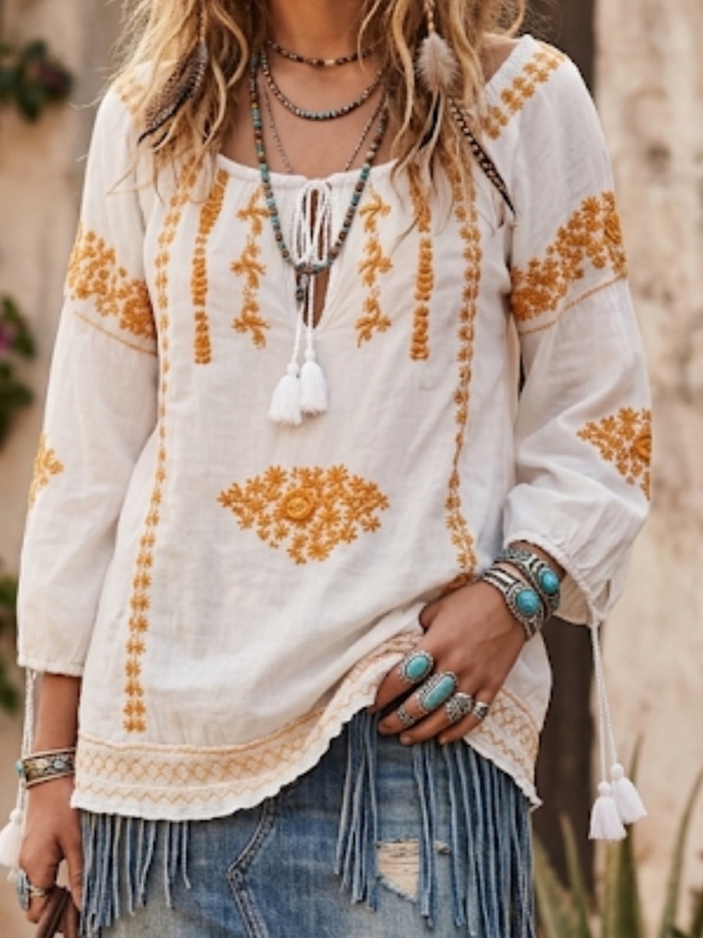 Calypso Christiane Celle White boho Embroidered Blouse Orange  Small